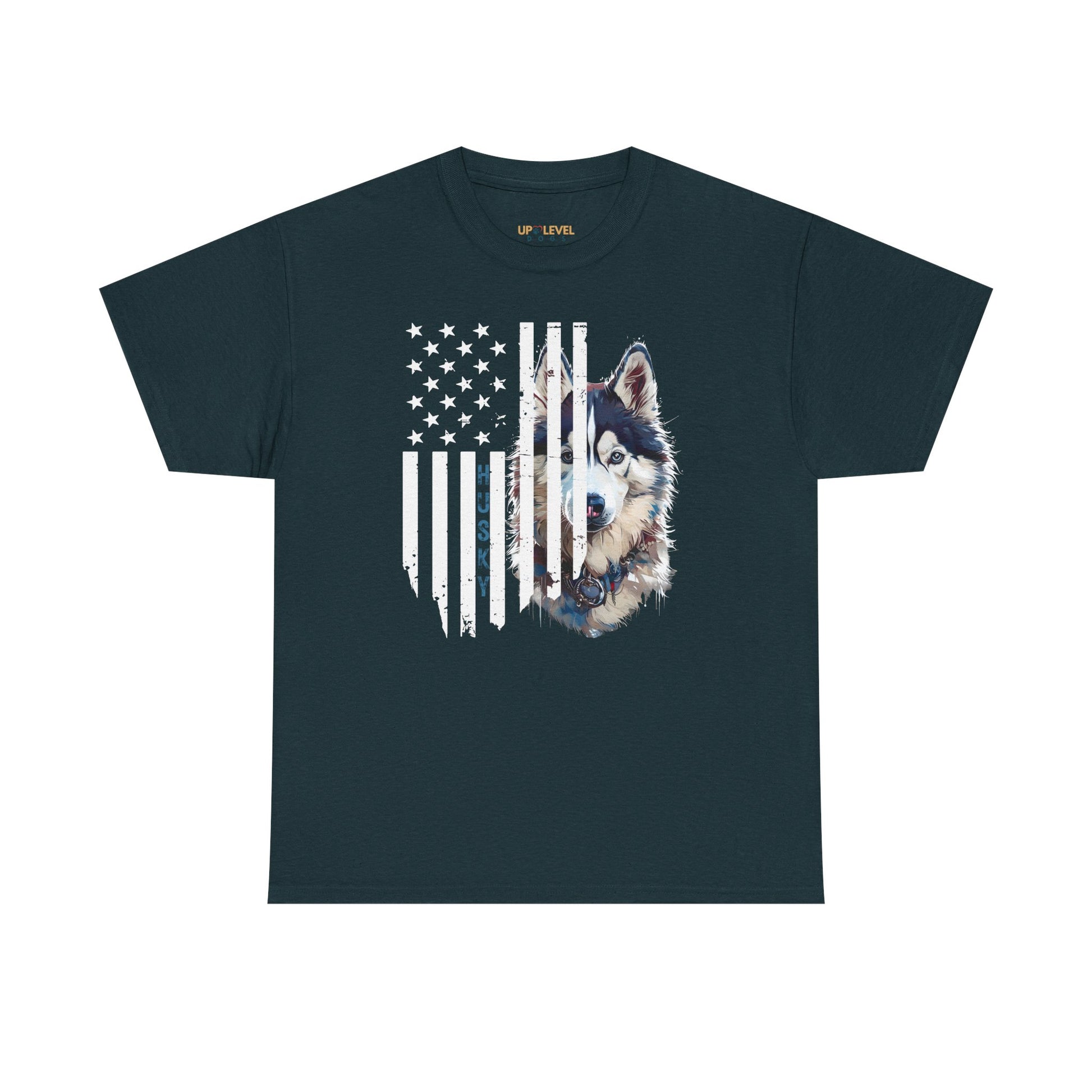 Black t-shirt with a wolf and American flag design on a white background