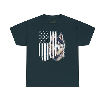 Black t-shirt with a wolf and American flag design on a white background