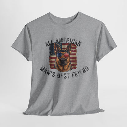 Gray t-shirt with a graphic of a dog and text 'All American Man's Best Friend' on a white background