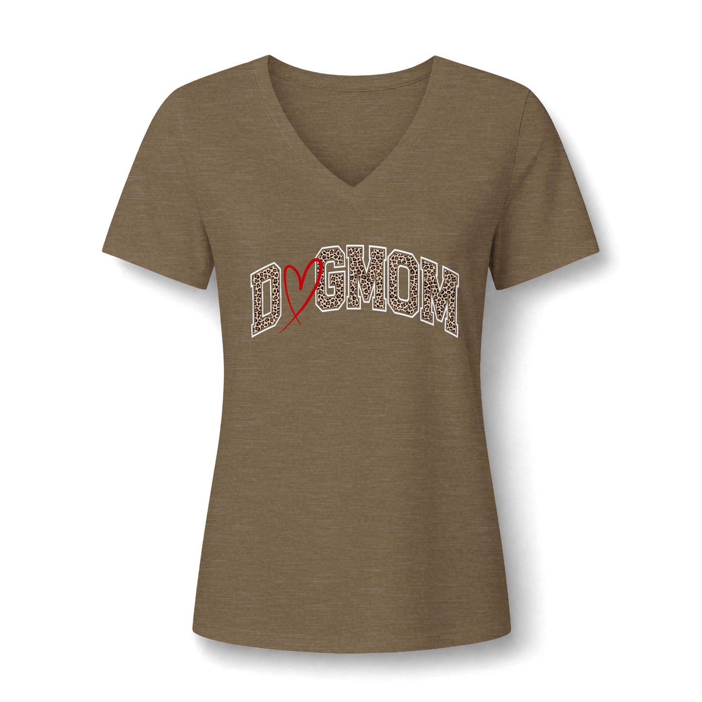 DOGMOM Heart Leopard Print Women's V-Neck T-Shirt | Cute Dog Mom Varsity Graphic Tee | Dog Themed Clothing for Women