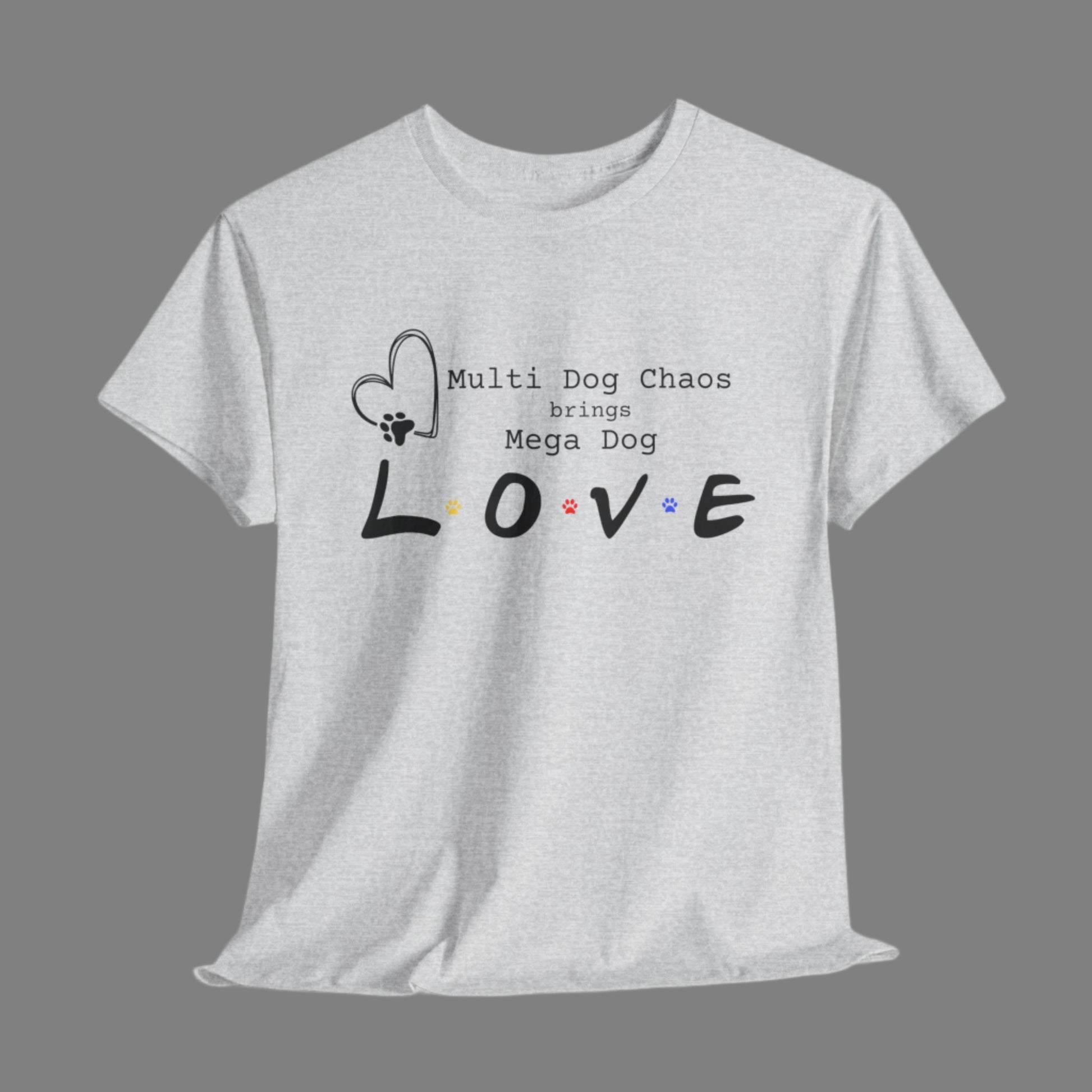 Gray t-shirt with a humorous dog-themed text design on a white background