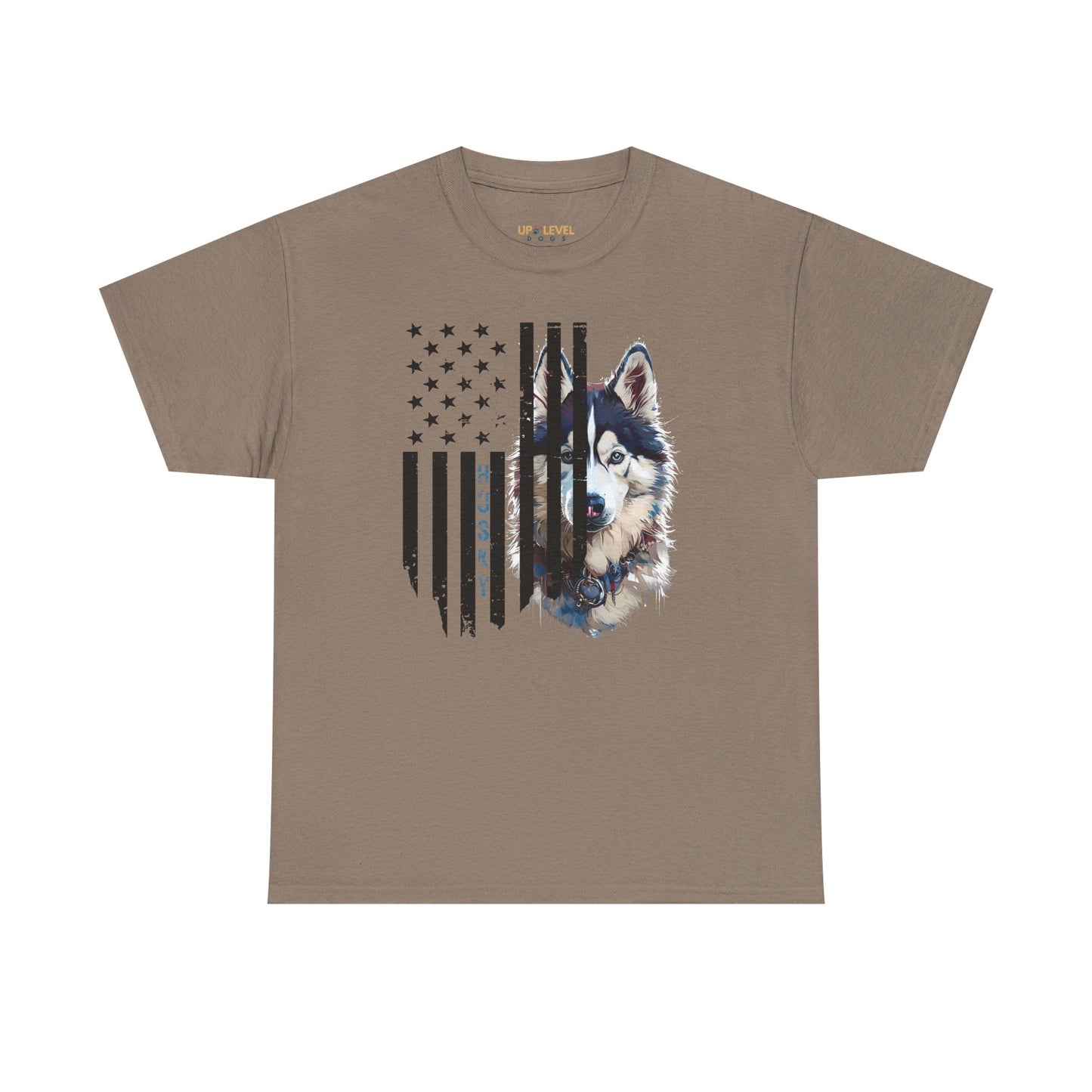 Brown t-shirt with a graphic of a dog and American flag on a white background