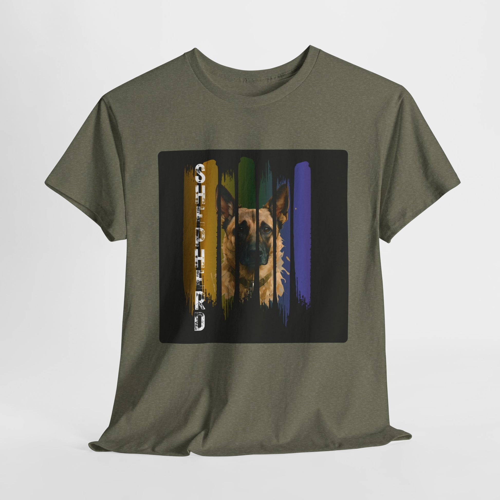 Green t-shirt with a graphic of a dog's face on a white background