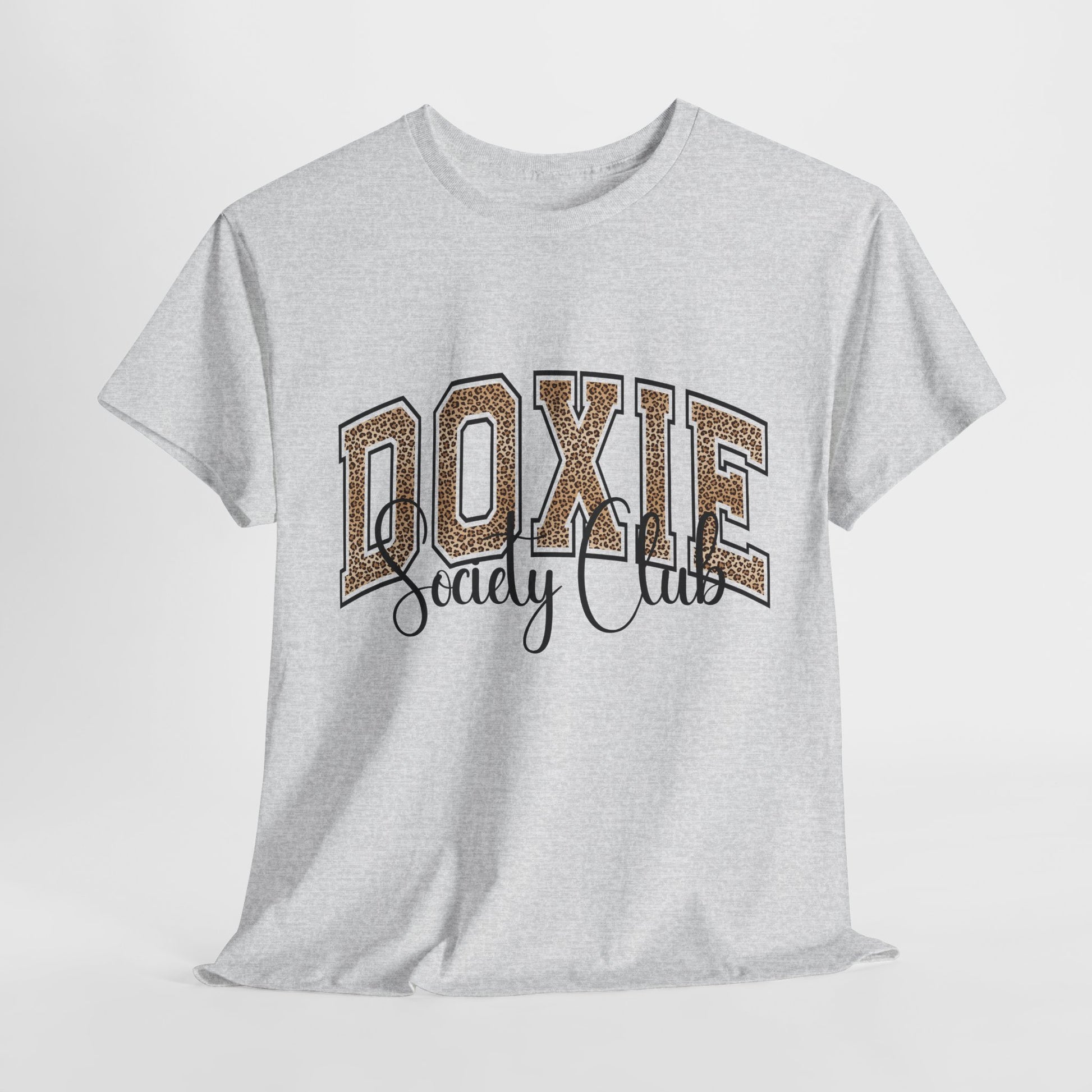 Gray t-shirt with 'Doxie Sooey Club' text on a white background