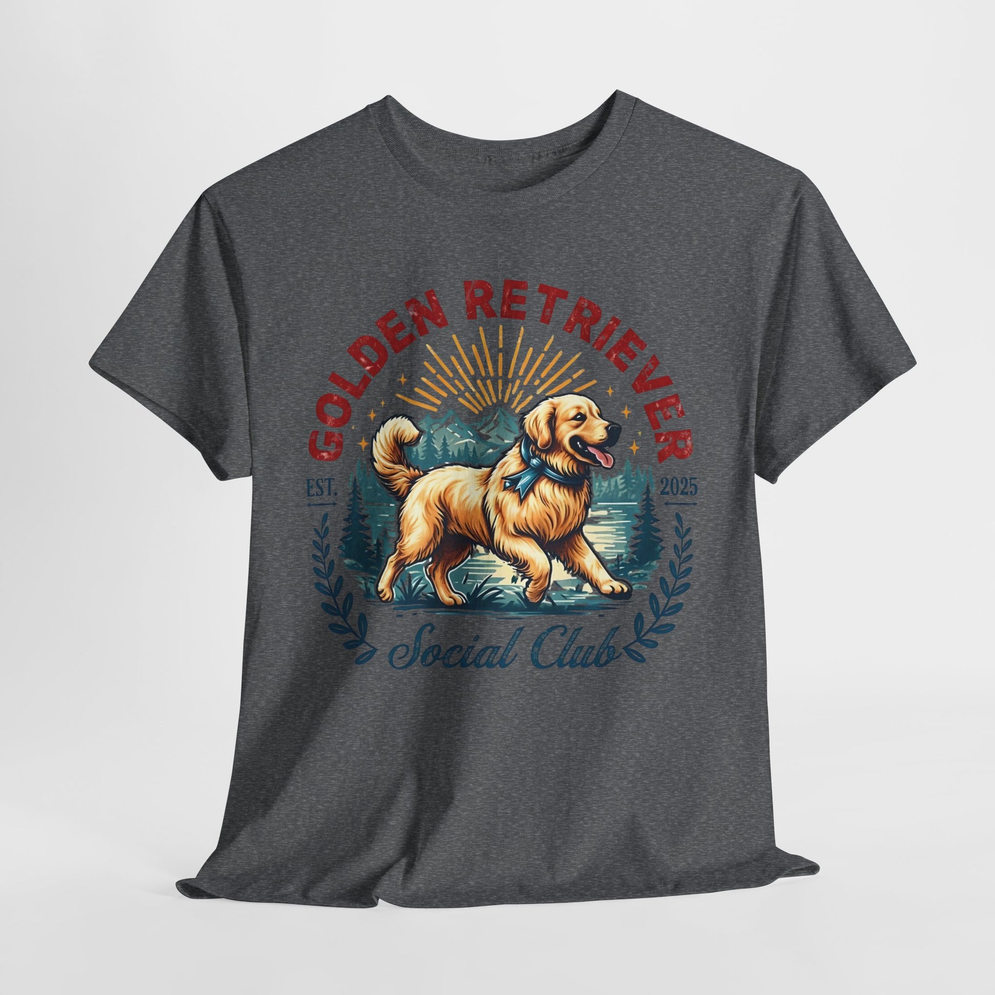 Gray t-shirt with a Golden Retriever graphic and text on a white background