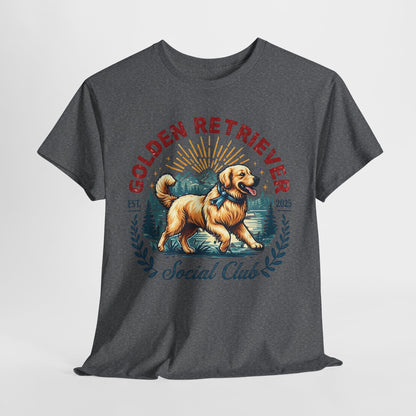 Gray t-shirt with a Golden Retriever graphic and text on a white background