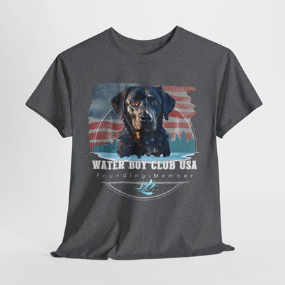 Gray t-shirt with a dog graphic and 'Water Boy Club USA' text on a white background