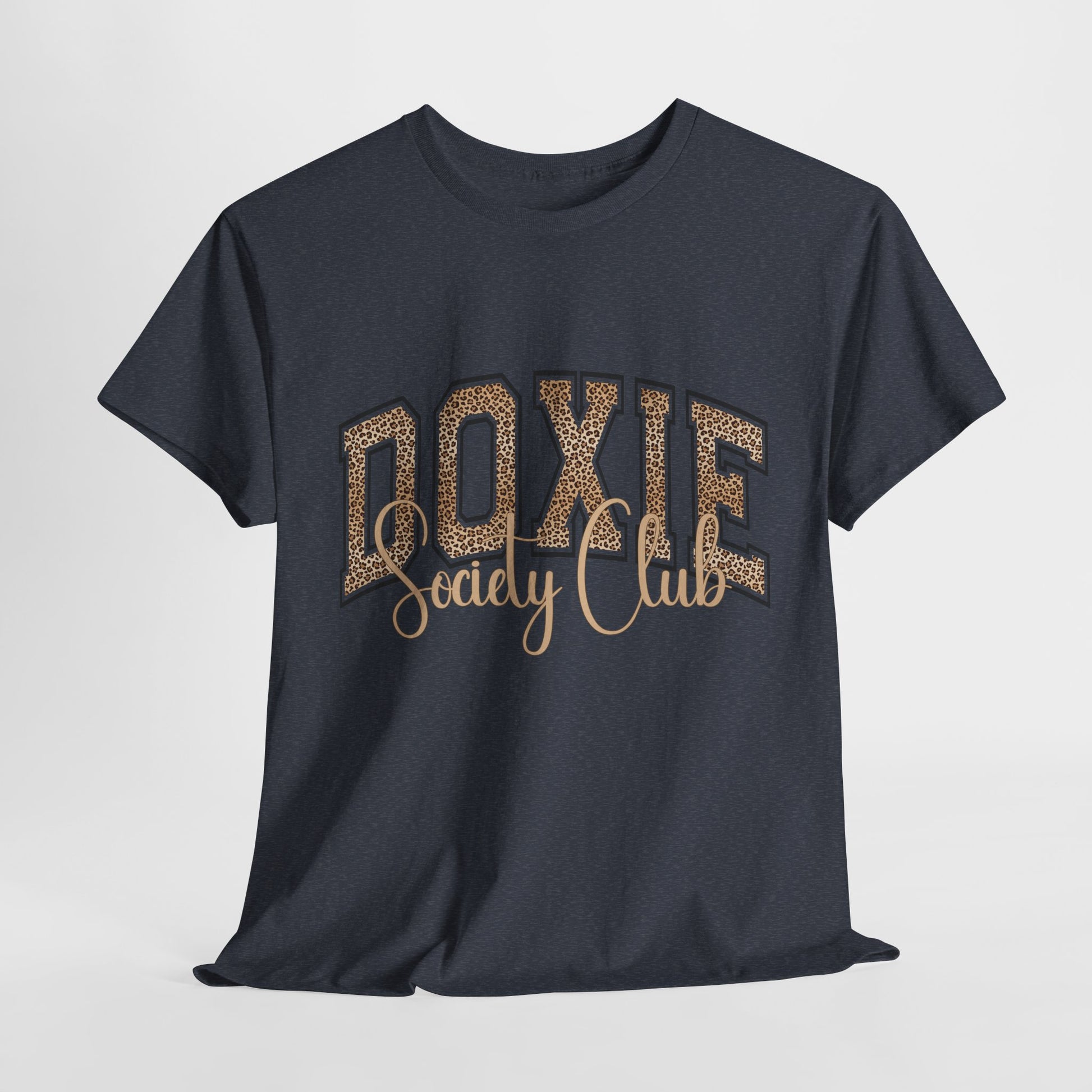 Black t-shirt with 'Doxie Society Club' text in gold on a light gray background