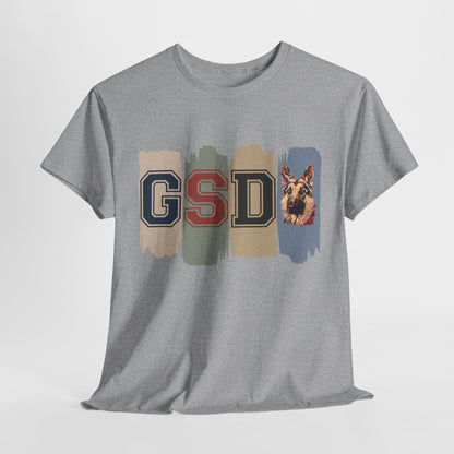 Gray t-shirt with 'GSD' letters and a dog illustration on a white background