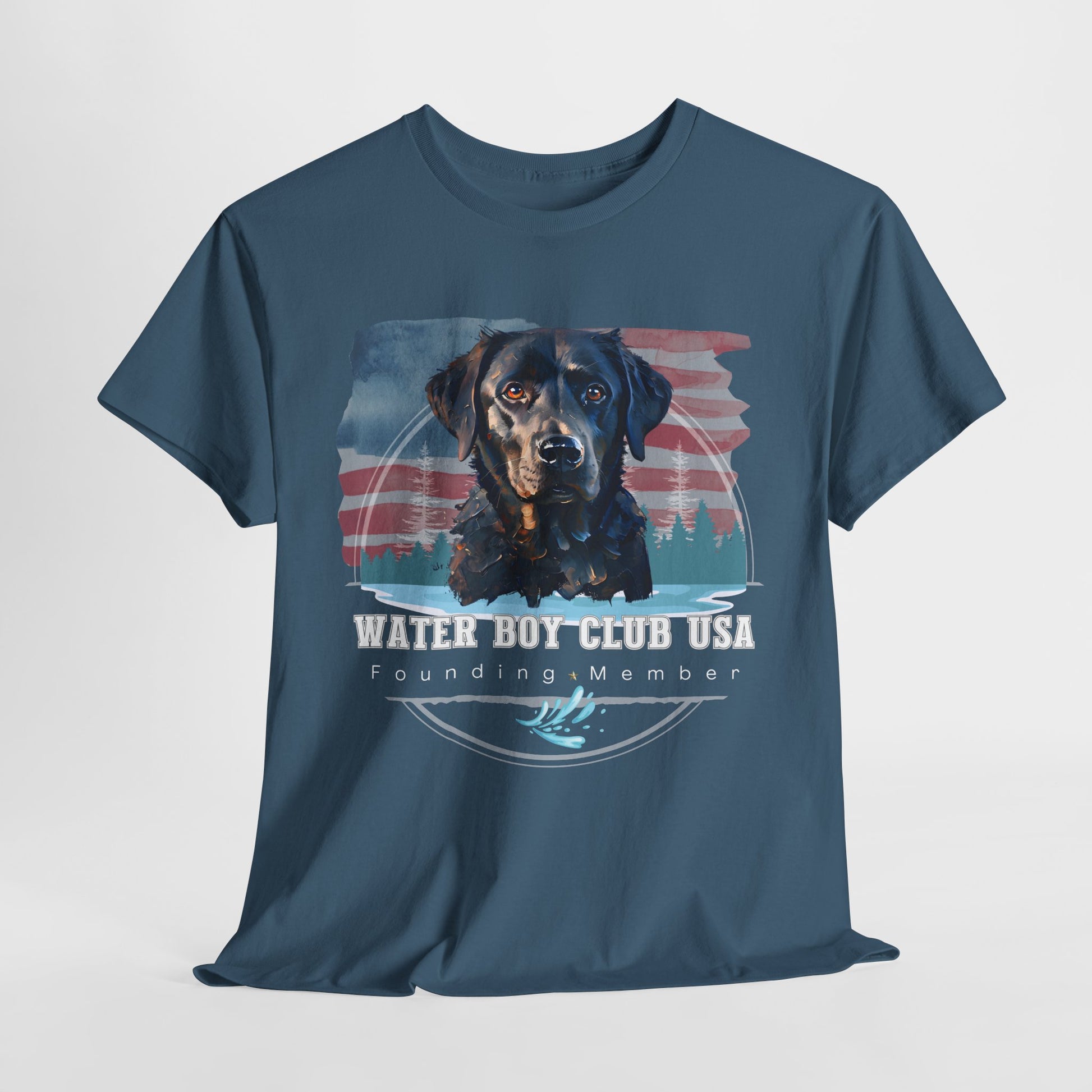 Navy blue t-shirt with a dog graphic and 'Water Boy Club USA' text on a light gray background