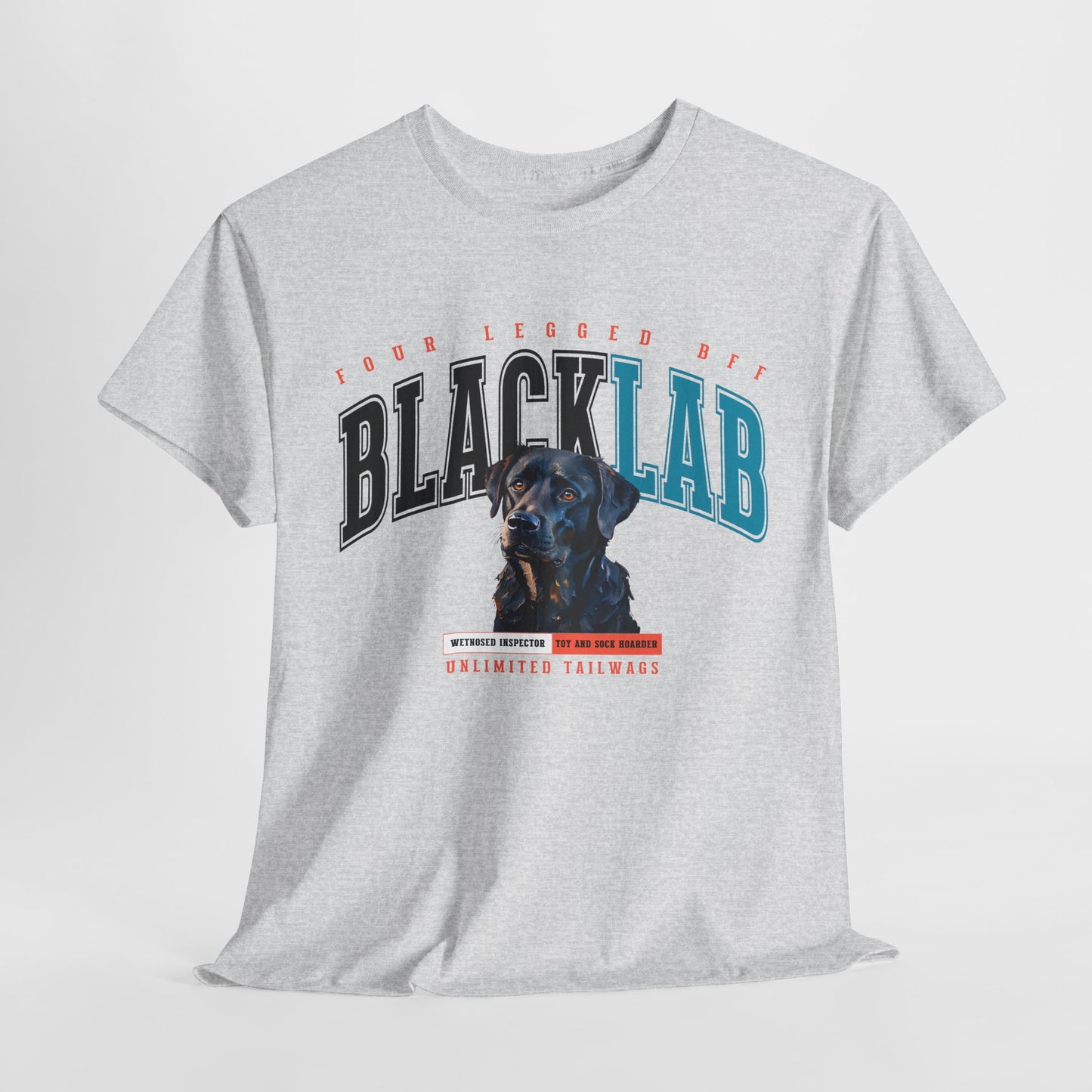 Gray t-shirt with a black lab graphic and text on a white background