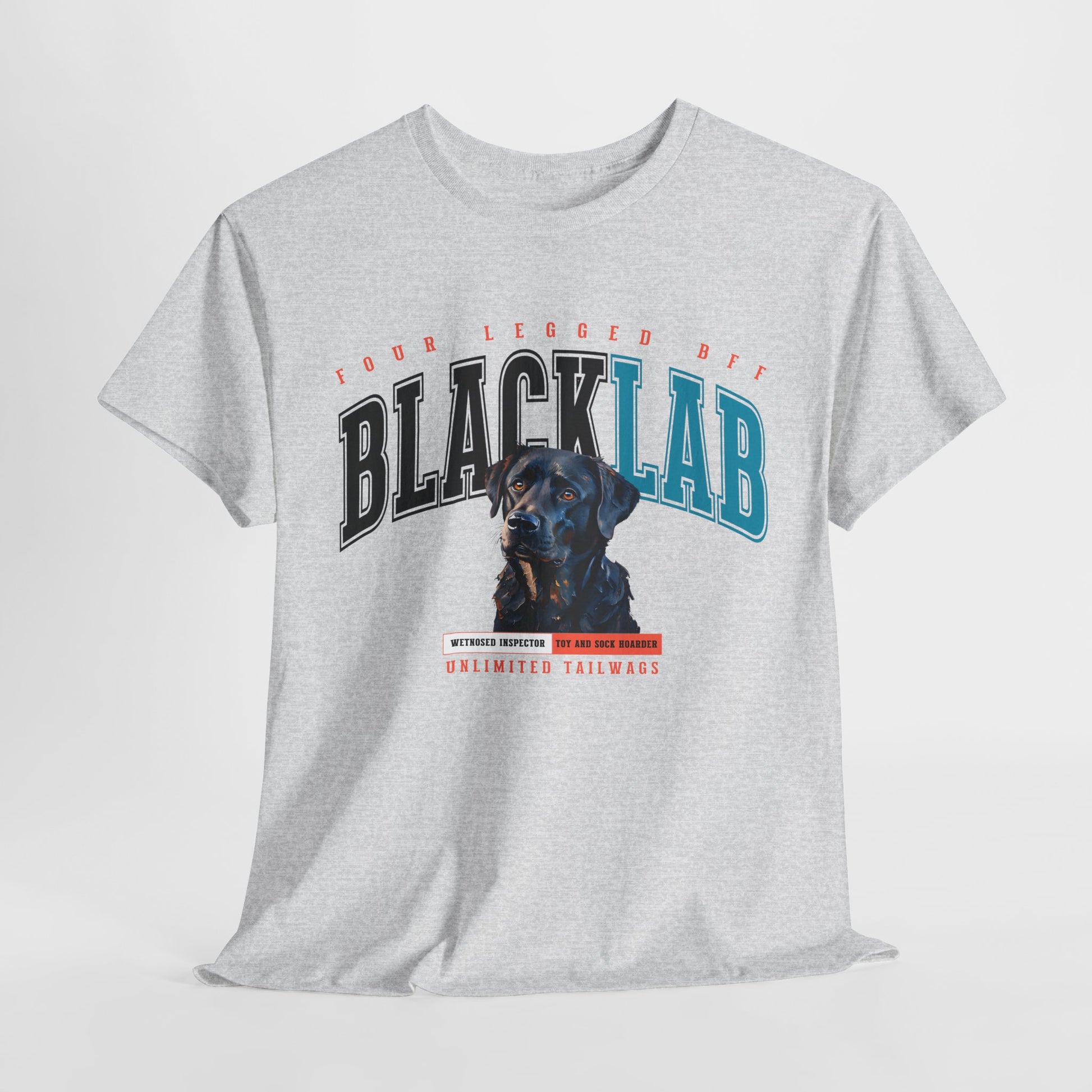 Gray t-shirt with a black lab graphic and text on a white background