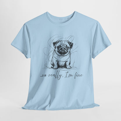 Light blue t-shirt with a pug graphic and text on a white background
