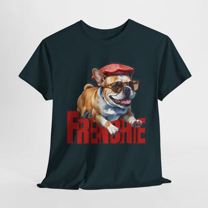 Black t-shirt with a bulldog graphic and 'FRENCHIE' text on a white background