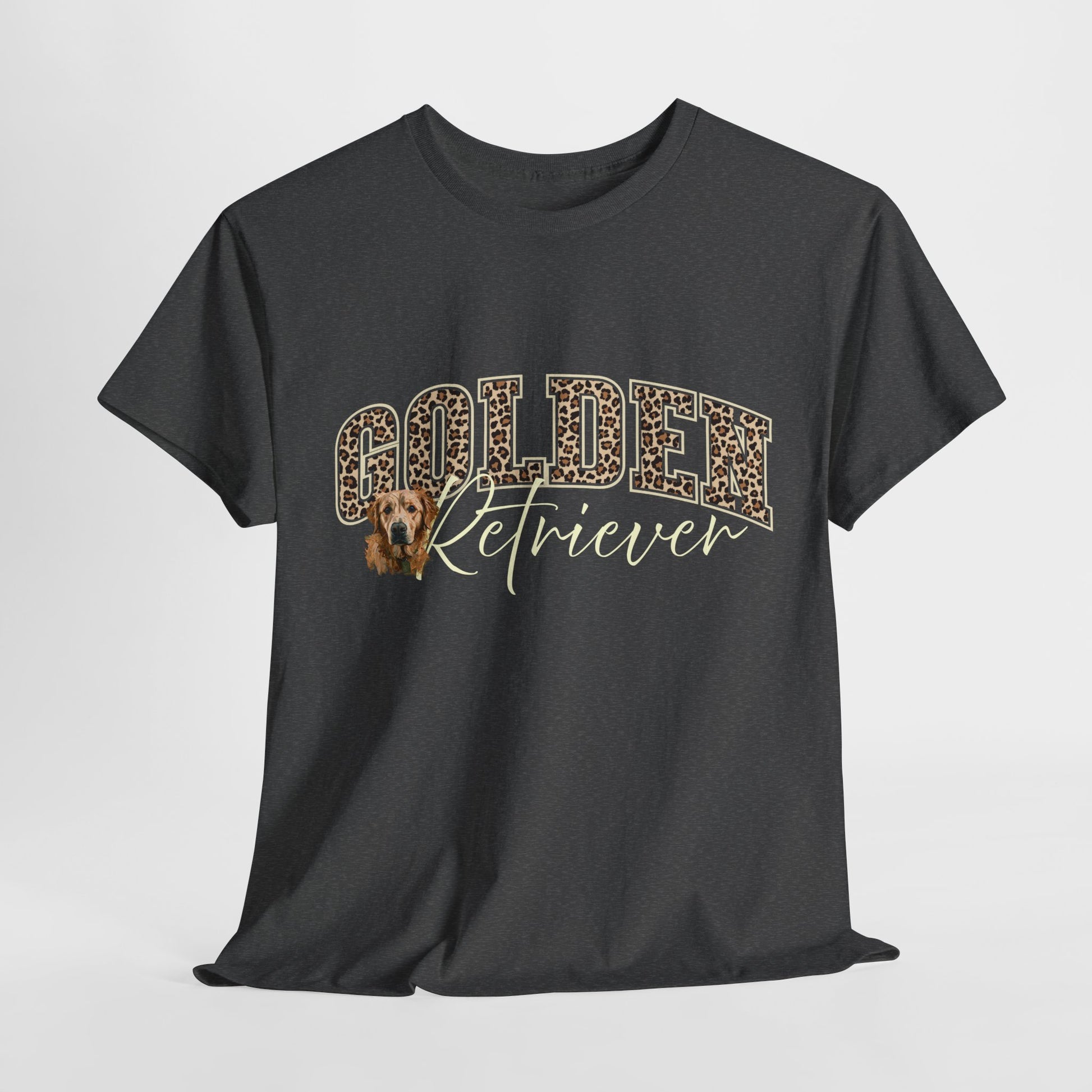 Black t-shirt with 'Golden Retriever' text and dog graphic on a white background