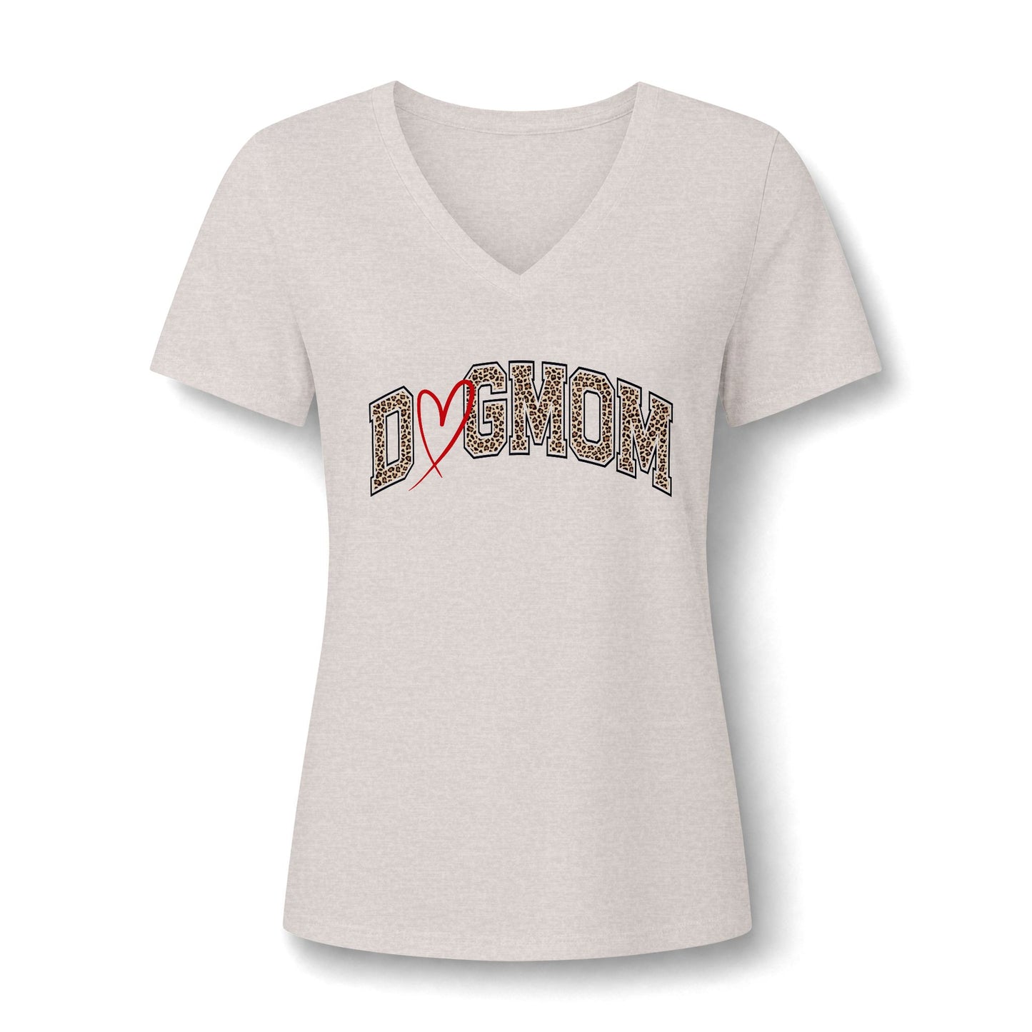 DOGMOM Heart Leopard Print Women's V-Neck T-Shirt | Cute Dog Mom Varsity Graphic Tee | Dog Themed Clothing for Women