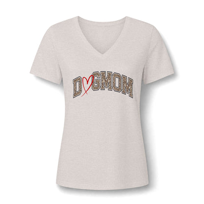 DOGMOM Heart Leopard Print Women's V-Neck T-Shirt | Cute Dog Mom Varsity Graphic Tee | Dog Themed Clothing for Women