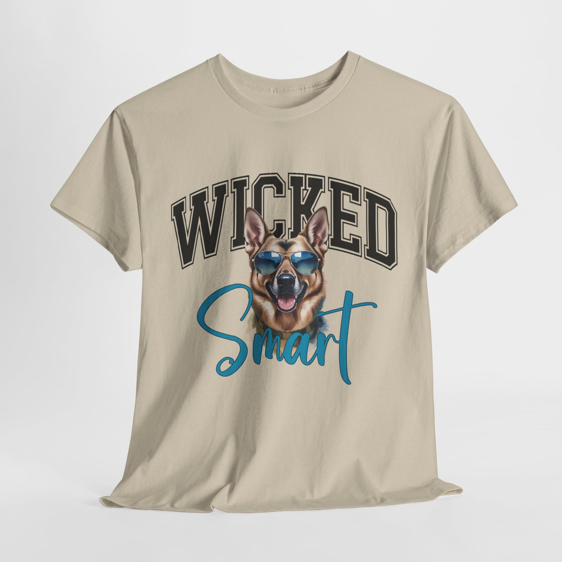 Beige t-shirt with a dog graphic and 'Wicked Smart' text on a white background