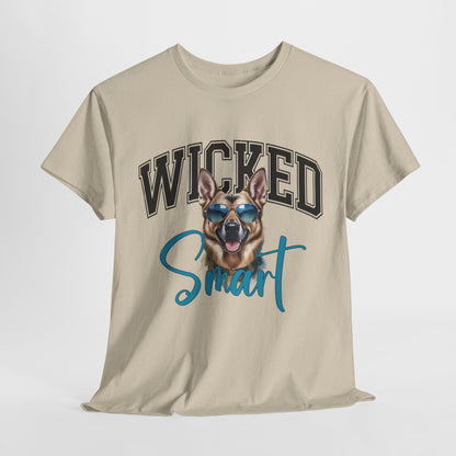 Beige t-shirt with a dog graphic and 'Wicked Smart' text on a white background