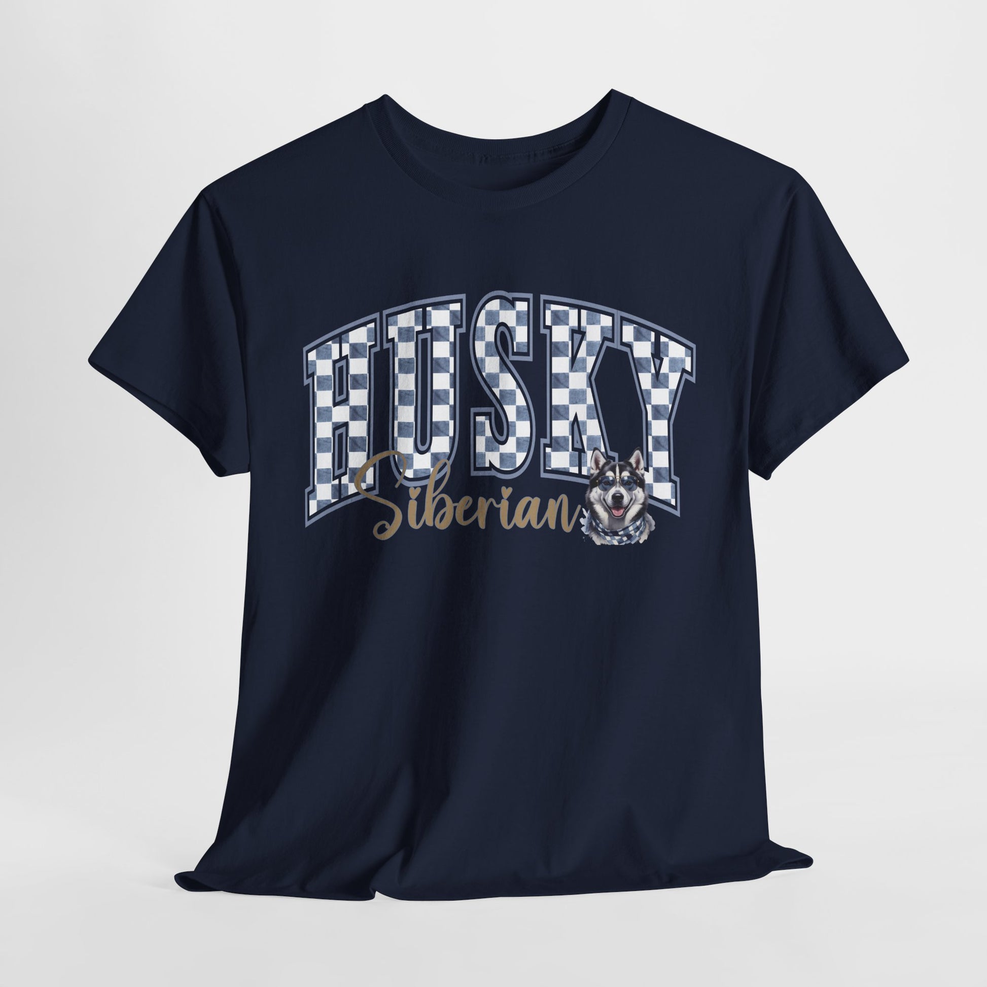 Navy blue t-shirt with 'HUSKY Siberian' text and dog graphic on a light gray background