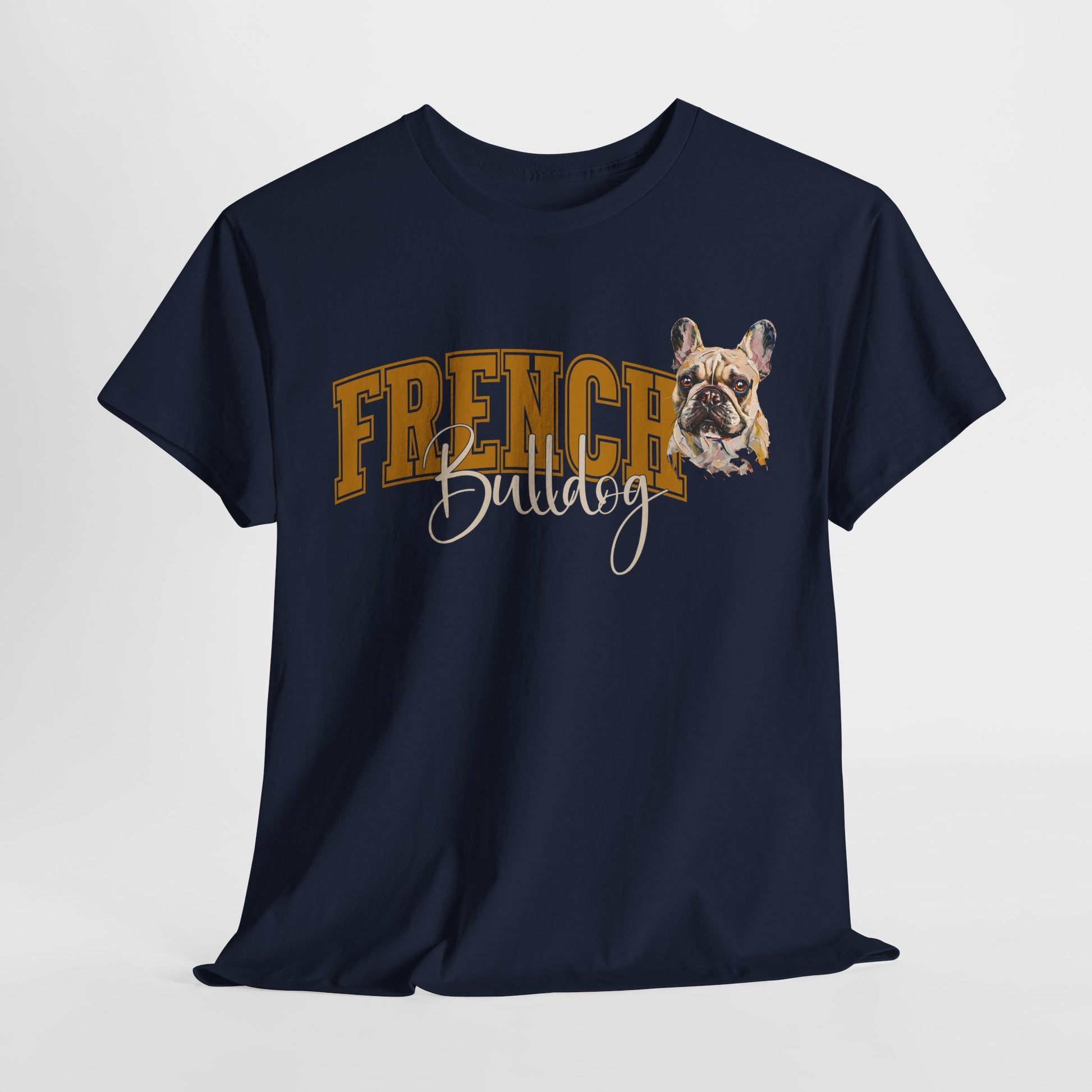 Navy blue t-shirt with 'French Bulldog' text and dog illustration on a light gray background