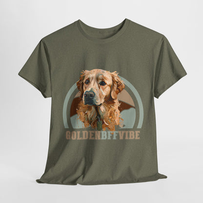 Green t-shirt with a dog graphic and 'GOLDEN BFF VIBE' text on a white background