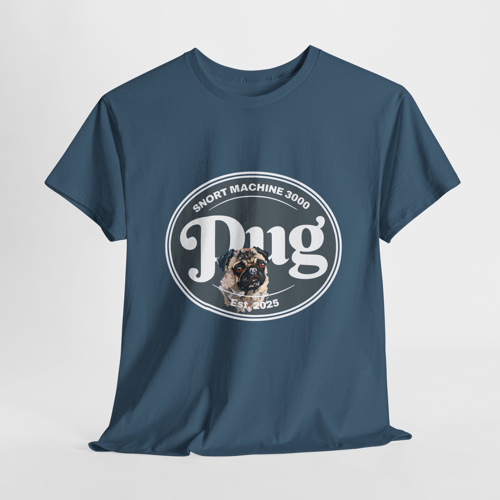 Blue t-shirt with a pug graphic and text on a white background