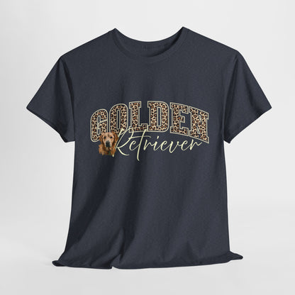 Black t-shirt with 'Golden Retriever' text and dog graphic on a white background