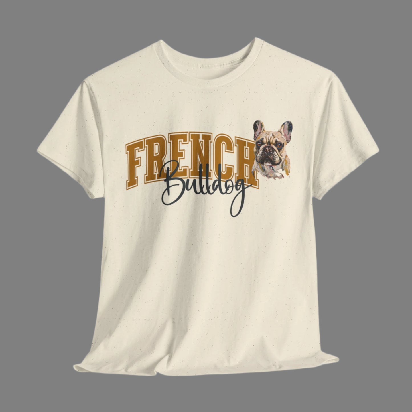 Beige t-shirt with 'French Bulldog' text and dog graphic on a light gray background