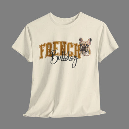 Beige t-shirt with 'French Bulldog' text and dog graphic on a light gray background