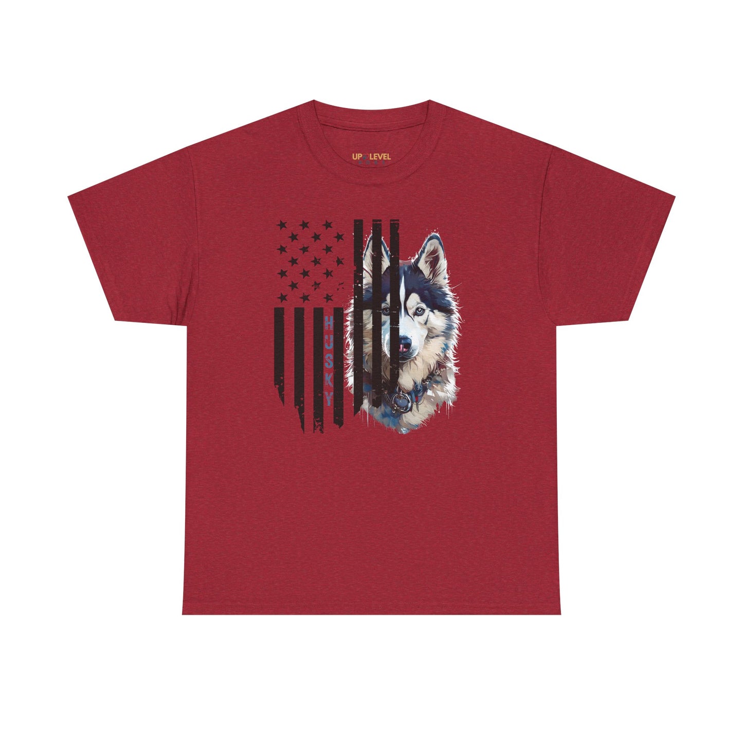 Red t-shirt with a wolf graphic and American flag design on a white background