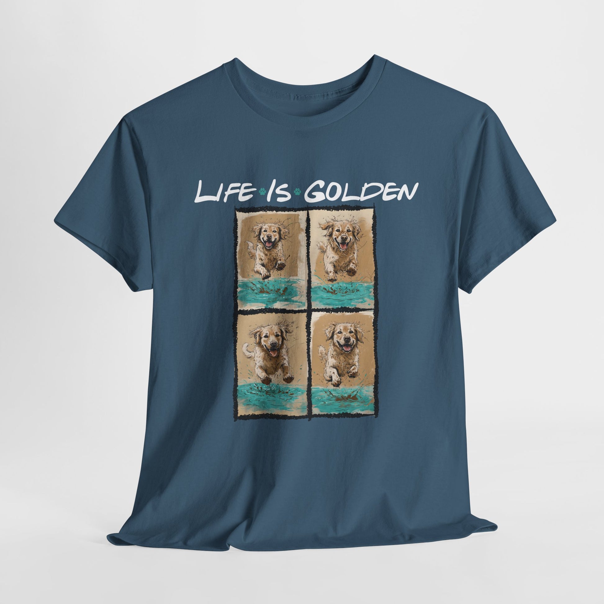 Blue t-shirt with 'Life is Golden' text and dog images on a white background