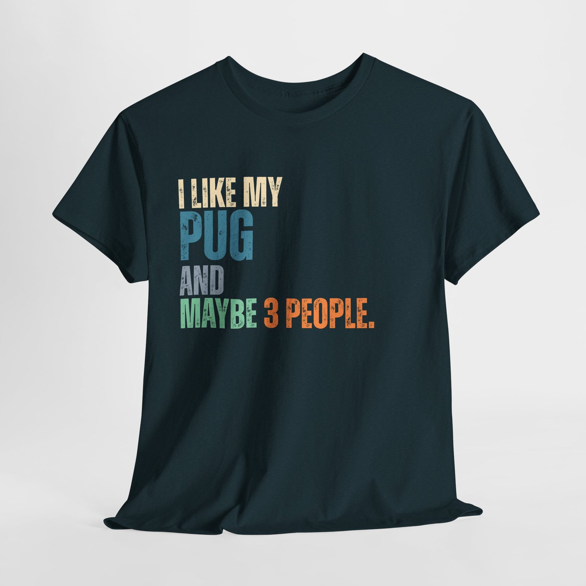Black t-shirt with colorful text 'I LIKE MY PUG AND MAYBE 3 PEOPLE.' on a light gray background