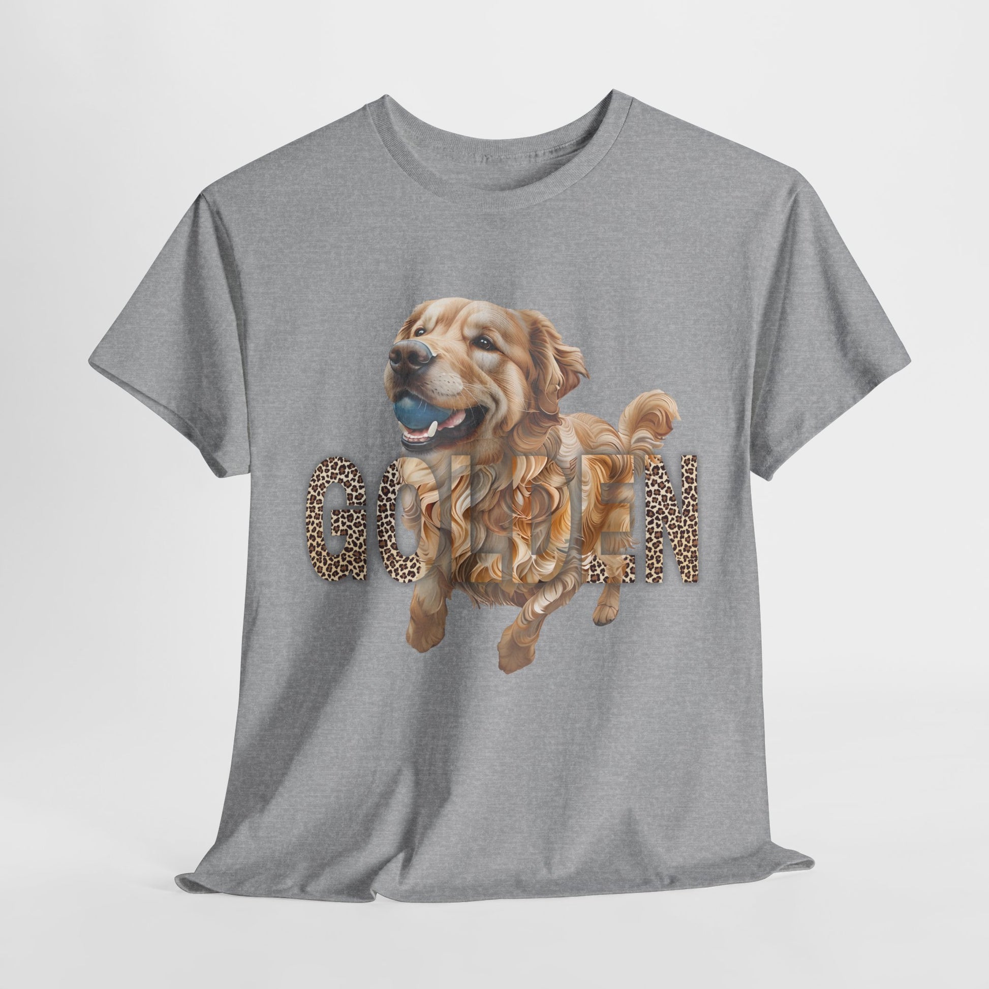 Gray t-shirt with a golden retriever graphic and 'GOLDEN' text on a light gray background