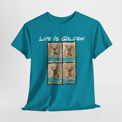 Teal t-shirt with 'Life is Golden' text and dog images on a white background