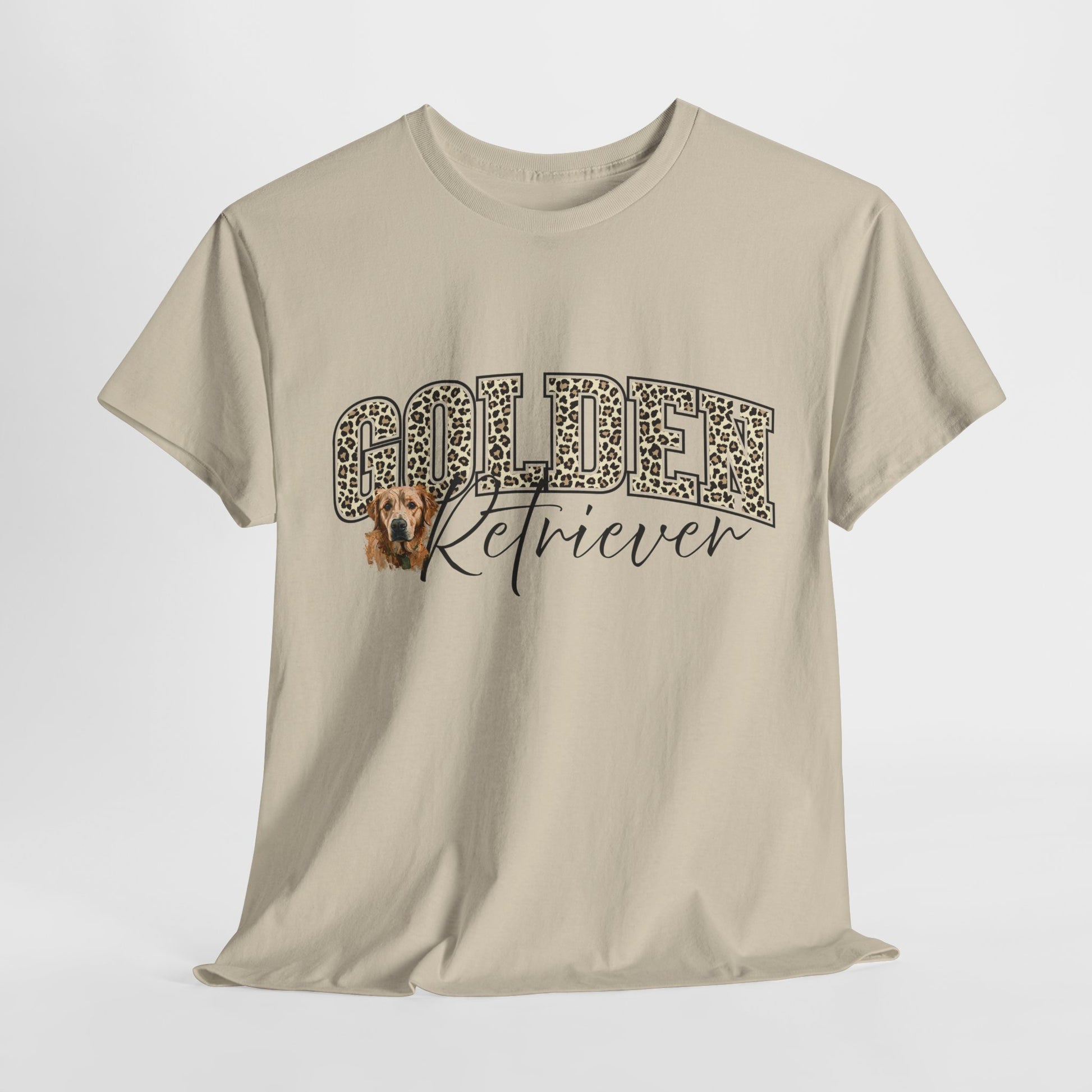 Beige t-shirt with 'Golden Retriever' text and dog graphic on a white background