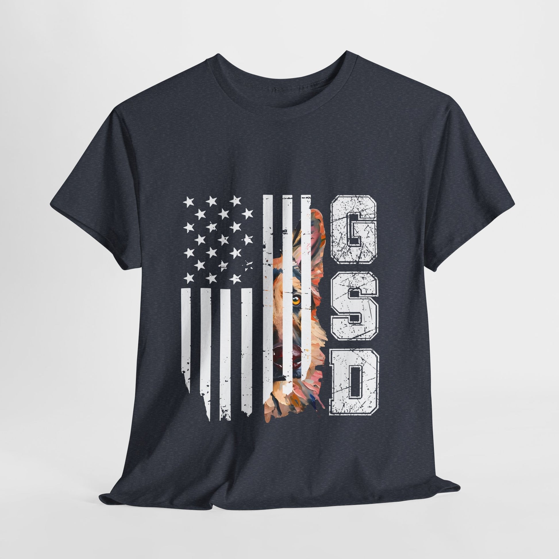 Heather Navy blue t-shirt with American flag and 'GSD' design on a light gray background
