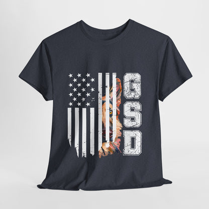 Heather Navy blue t-shirt with American flag and 'GSD' design on a light gray background
