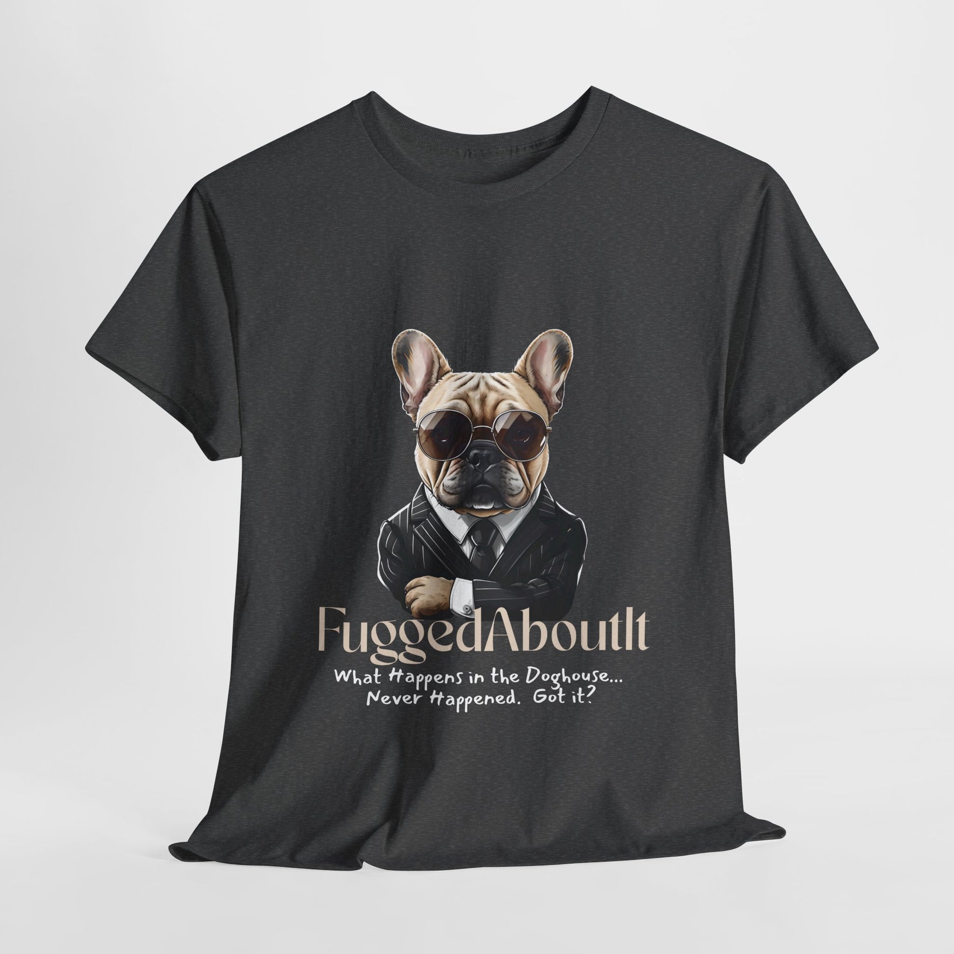 Black t-shirt with a graphic of a dog wearing sunglasses and a suit, and text on a white background.
