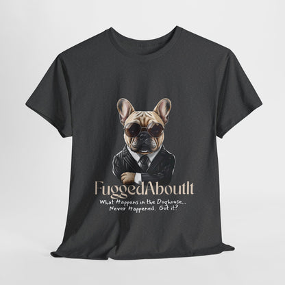 Black t-shirt with a graphic of a dog wearing sunglasses and a suit, and text on a white background.