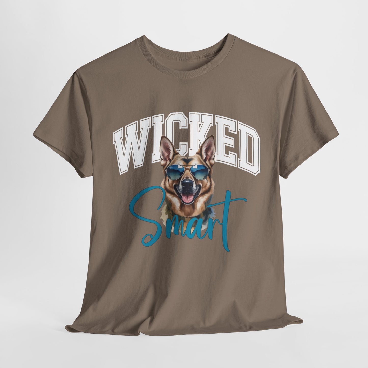 Brown t-shirt with a dog graphic and 'Wicked Smart' text on a white background