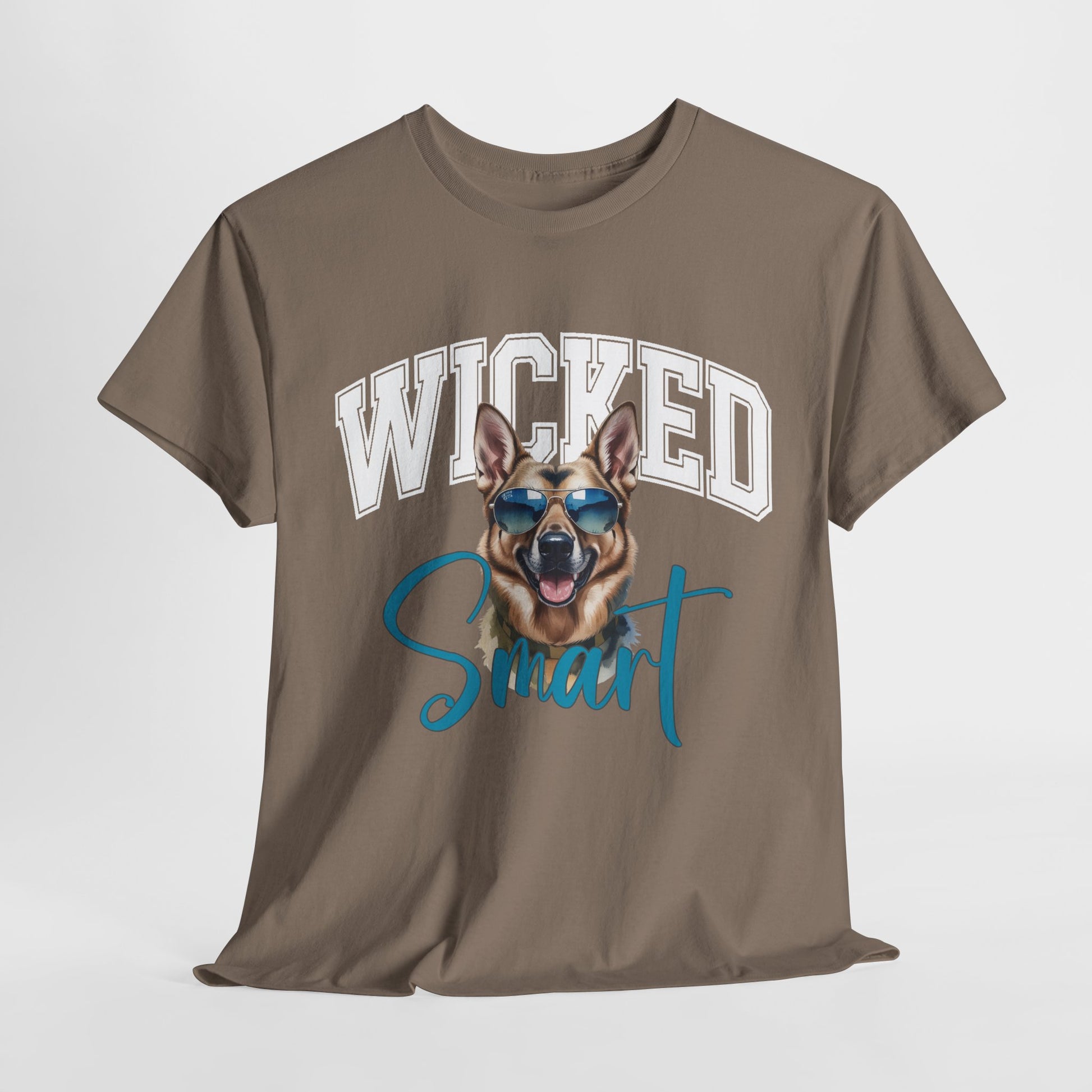 Brown t-shirt with a dog graphic and 'Wicked Smart' text on a white background