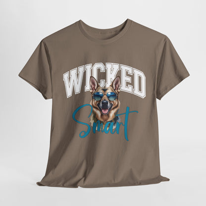 Brown t-shirt with a dog graphic and 'Wicked Smart' text on a white background