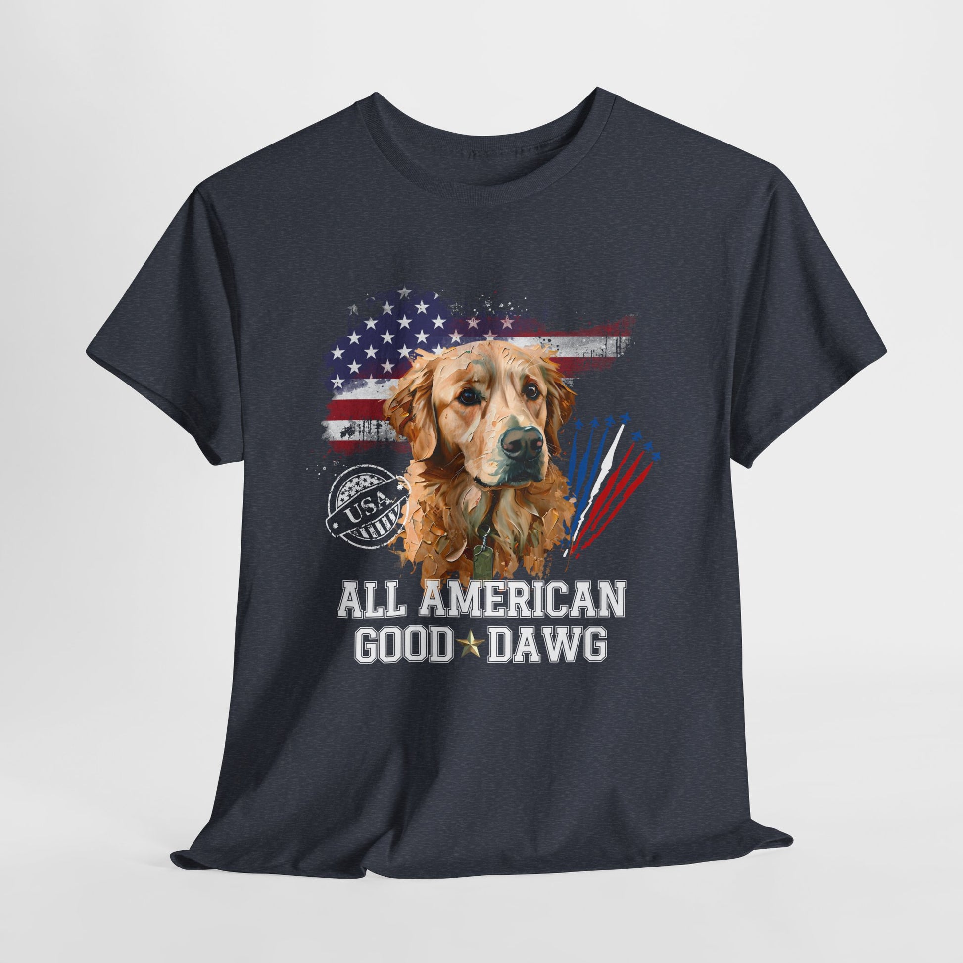 Black t-shirt with a dog graphic and 'All American Good Dawg' text on a white background