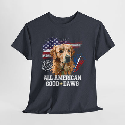 Black t-shirt with a dog graphic and 'All American Good Dawg' text on a white background