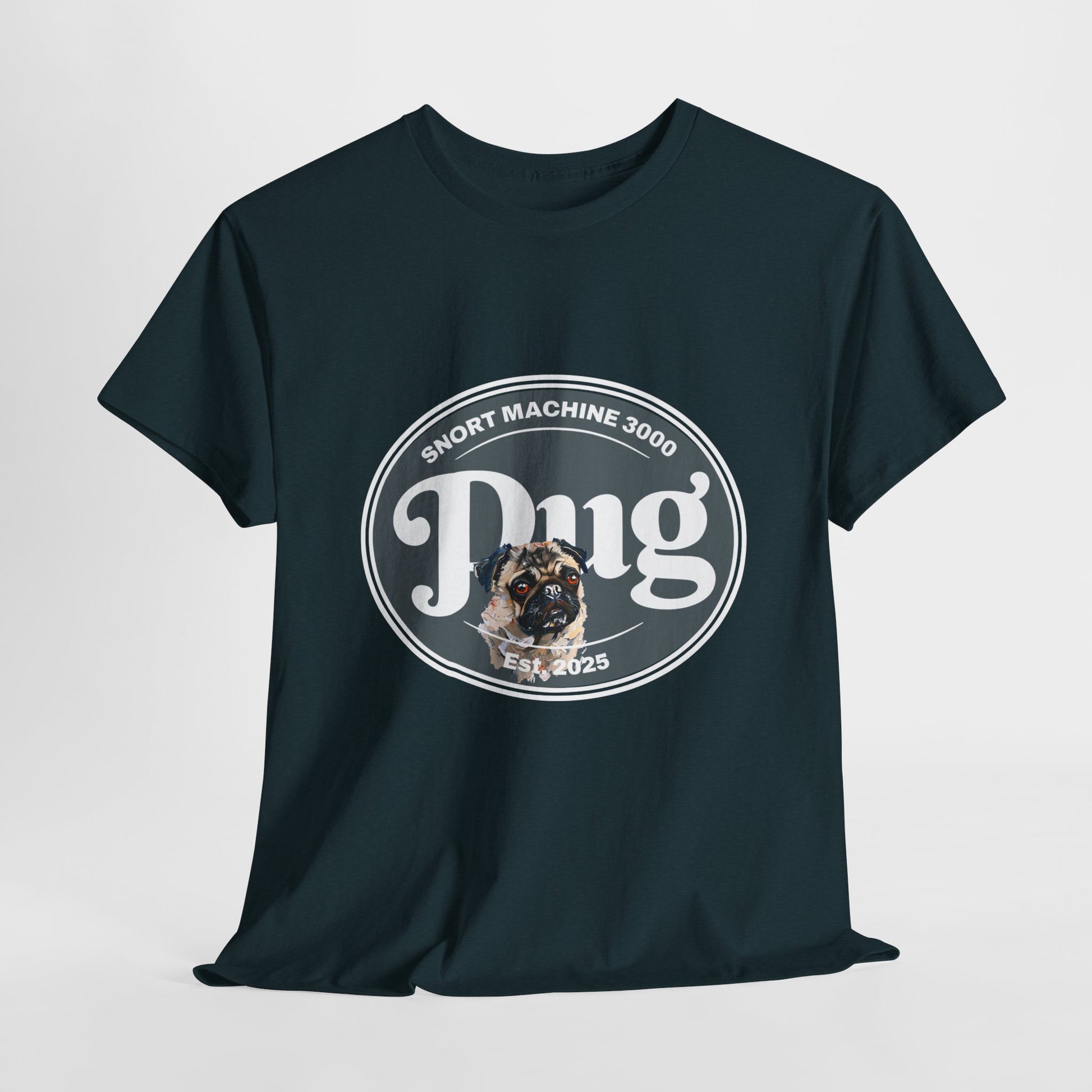 Black t-shirt with a graphic of a pug and text on a light gray background