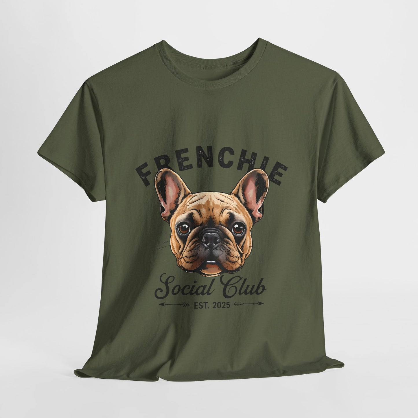 Green t-shirt with a French Bulldog graphic and text on a white background