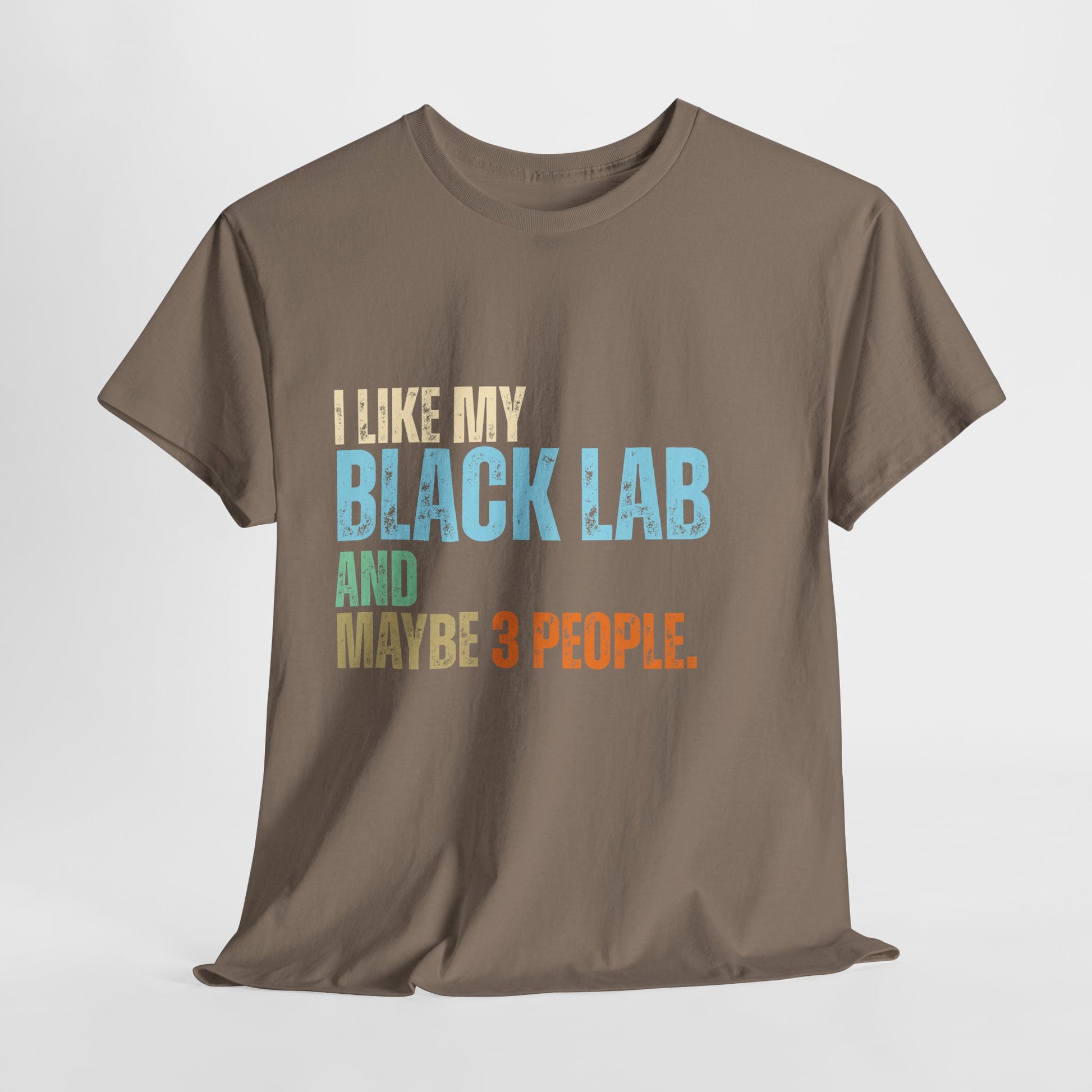 Brown t-shirt with colorful text on a white background