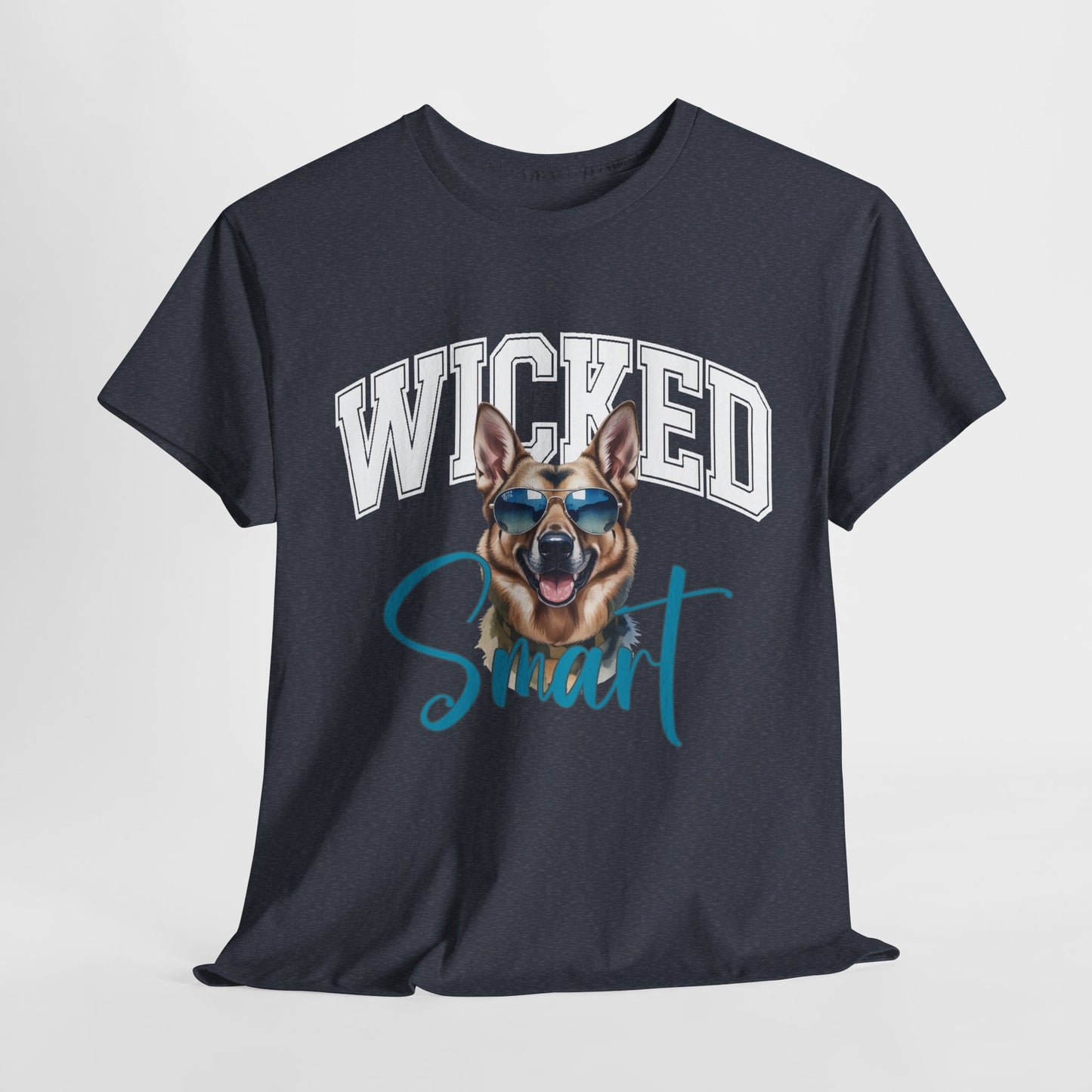 Black t-shirt with a dog graphic and 'Wicked Smart' text on a light gray background