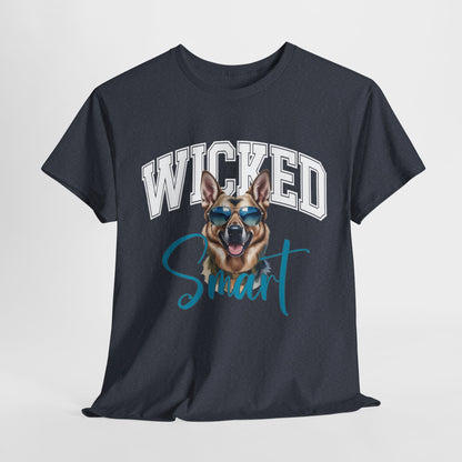 Black t-shirt with a dog graphic and 'Wicked Smart' text on a light gray background